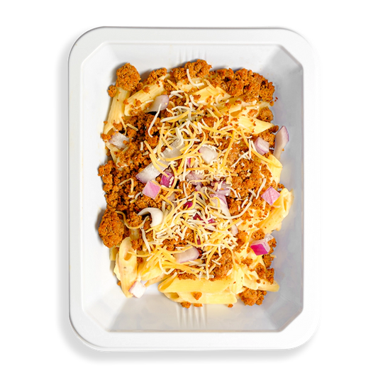 This is a small portion of mac and cheese with lean ground turkey, red onion and various types of cheese.  This pasta looks extremely tasty and is in a to-go container making it ready to be consumed on the fly.  This is perfect for someone looking to fuel their day with a healthy prepared meal.