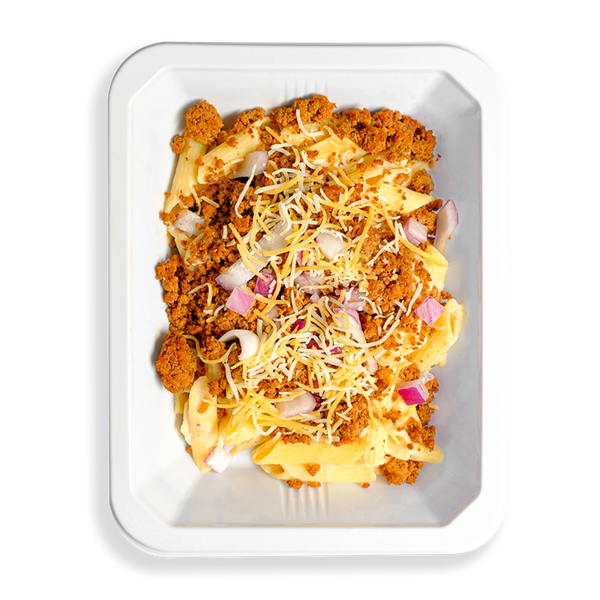 This is a small portion of mac and cheese with lean ground turkey, red onion and various types of cheese.  This pasta looks extremely tasty and is in a to-go container making it ready to be consumed on the fly.  This is perfect for someone looking to fuel their day with a healthy prepared meal.