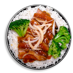 Top-down view of a nutrient-packed health food dish served on a black plate Centered is juicy, thinly sliced flank steak coated in a rich teriyaki glaze, topped with lightly sautéed onion strips. The steak rests atop a generous portion of long-grain white rice and is paired with bright green broccoli for a balanced and satisfying healthy meal prep entrée.