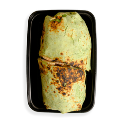 this looks like a green burrito cooked to perfection. the burrito is so big that it barely fits in the black togo container.  Its container indicates that this is a healthy prepared meal for someone on the run who wants to both watch what they eat while not depriving themselves of flavor.