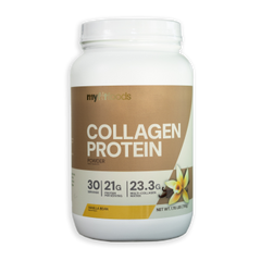 Large container of MyFitFoods Vanilla Collagen Protein featuring a vanilla flower graphic on the front label, indicating the vanilla flavor of this healthy supplement.
