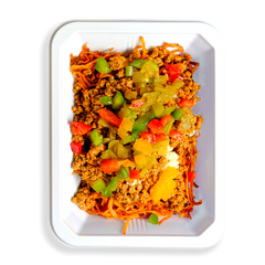 Savory mix of paprika-spiced ground pork, eggs, and crispy hash browns, finished with green chilies and peppers, packed warm in a white takeout container. The contents of this container look absolutely delicious for anyone wanting to eat well and clean at the same time.