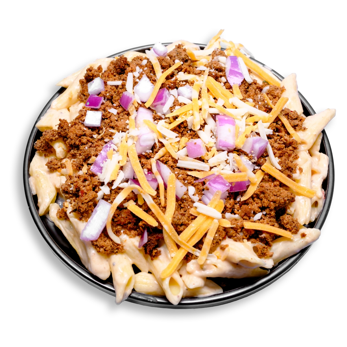 A creamy, indulgent yet health-conscious bowl of gluten-free penne pasta smothered in a rich cheddar-parmesan cheese sauce. Topped with savory lean ground turkey seasoned with garlic, cumin, and chipotle, the dish is finished with vibrant chopped red onions and a sprinkle of shredded cheddar. A refined twist on traditional mac and cheese, perfect for gourmet-style healthy meal prep with bold flavor and balanced nutrition.